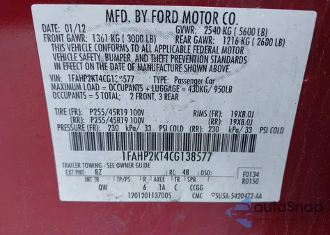 2012 Ford Taurus Sho из США, поврежденный, VIN 1FAHP2KT4CG138577